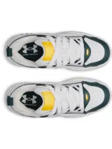 Championes de estilo urbano inspirados en el baloncesto, con diseño dinámico en color blanco con detalles en verde oscuro y toques de celeste y naranja. Confeccionados con parte superior de piel de primera calidad, talón textil acolchado y mediasuela con tecnología EVA para mayor amortiguación.