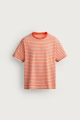 Camiseta de corte regular fit confeccionada en tejido de algodón, con diseño de rayas horizontales en color naranja y blanco, cuello redondo y manga corta.