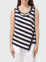 Musculosa asimétrica de punto con diseño de rayas horizontales en color blanco y azul marino, cuello redondo y parche del logo de la marca en el pecho.