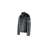 Campera puffer Moncler modelo Lauros, color negro, con diseño acolchado brillante, capucha desmontable, cierre frontal y bolsillos con cremallera.