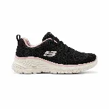 Championes deportivos Skechers modelo Fashion Fit 2.0 Moonlight Glow, de color negro con detalles en rosado y suela blanca. Cuentan con capellada de tejido técnico con acabado metálico, cordones negros y tecnología Memory Foam en la plantilla para mayor comodidad.