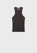 Top de punto fino con acabado de lúrex brillante, diseño entallado, cuello halter y sin mangas.
