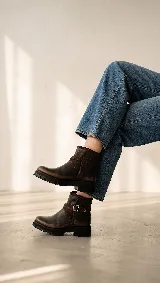 Bota corta de cuero en tono marrón oscuro con efecto desgastado, diseño minimalista con detalle de tira y hebilla lateral, y suela de goma tipo track.