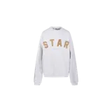 Buzo de cuello redondo Golden Goose Deluxe Brand, color gris melange, con apliques bordados en relieve con la palabra "STAR" en tonos naranja y negro, y pequeños detalles desgastados.