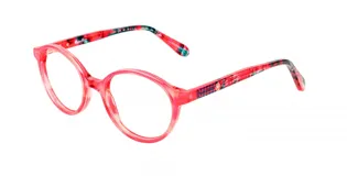 Armazón para lentes de acetato color rojo con diseño floral en las patillas.