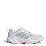 Championes de entrenamiento Adidas Rapidmove Go, color blanco con detalles en gris, naranja y fucsia. Confeccionados en malla técnica transpirable con tecnología Climacool y mediasuela Lightmotion para mayor amortiguación y estabilidad en movimientos multidireccionales.