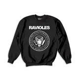 Buzo negro de cuello redondo y manga larga con estampado gráfico frontal en color blanco que incluye la palabra 'RAVIOLES' y un sello circular con motivos gastronómicos.