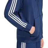 Canguro Adidas de la línea Adicolor, color azul marino con cierre frontal completo, capucha con cordones ajustables, bolsillos laterales y las icónicas tres tiras blancas en las mangas. Presenta el logo del trébol bordado en el pecho.
