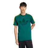Remera Adidas color verde oscuro con mangas raglán y tres franjas amarillas en los hombros. Presenta un gran logo del trébol de Adidas en el pecho, compuesto por pequeños logos del trébol.