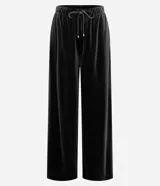 Pantalón de corte recto confeccionado en terciopelo, con cintura elástica ajustable mediante lazo y bolsillos laterales.