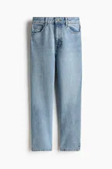 Jean tobillero de cinco bolsillos en denim de tiro alto, con pierna recta y ajuste ceñido en el bajo.