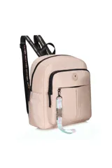 Mochila negra con bolsillo antirrobo y laterales, con llavero desmontable.