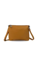 Cartera tipo hobo de cuero sintético color tostado, con diseño de hombro, costuras verticales decorativas y monedero pequeño extraíble a tono.