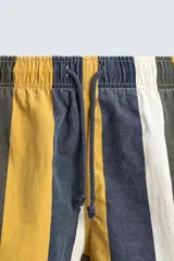 Bañador de hombre con estampado de rayas verticales anchas en tonos amarillo mostaza, azul oscuro desgastado, blanco y gris. Posee cintura elástica con cordón ajustable y bolsillos laterales.