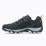 Championes de senderismo Merrell modelo Accentor 3 Sport GTX, color negro con detalles en celeste y suela con relieve. Diseñados con membrana impermeable GORE-TEX, puntera protectora y entresuela de espuma EVA para mayor estabilidad y absorción de impactos.