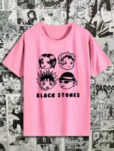 Remera rosa de algodón con estampado de los personajes de la banda Black Stones del anime Nana.