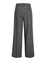 Pantalón sastrero de tiro alto y corte wide leg, con diseño de cuadros en tonos gris oscuro. Presenta cierre frontal con cremallera y bolsillos laterales.