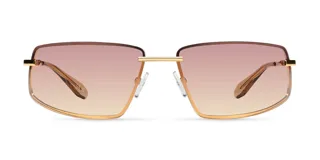 Lentes de sol rectangulares con montura de acero inoxidable color oro y lentes de nylon con degradado en tonos marrones. Presentan un diseño envolvente inspirado en los años 2000 con patillas de acetato.