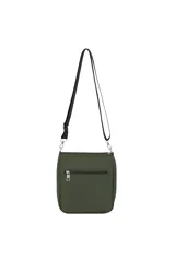 Bandolera negra con textura granulada, un bolsillo frontal con cierre de cremallera y un tirador de cremallera con la palabra "TRENDY" en relieve. Tiene una correa ajustable y extraíble.