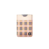 Billetera porta tarjetas Thread Willow Magnetic con diseño a cuadros en tonos rosa, beige y azul.