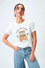 Remera blanca de manga corta y cuello redondo, con estampa frontal inspirada en la temática oriental y la marca Norikumo Store.