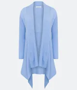 Cardigan largo de punto texturizado color ladrillo, con abertura frontal y terminación en puntas.