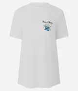 Remera blanca de manga corta y cuello redondo con estampa gráfica en la espalda de los marcianos de Toy Story y el logo de Pizza Planet.