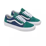 Zapatillas Vans Skate Old Skool color verde y azul con detalles en blanco.