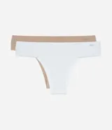 Kit de dos bombachas bikini hilo sin costuras, confeccionadas en poliamida, con lateral mediano. Incluye una bombacha color blanco y una color beige.