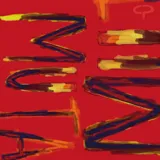 Pañuelo cuadrado de diseño original con estampado abstracto de trazos en tonos rojos, amarillos y marrones oscuros, con un estilo artístico y contemporáneo.