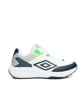 Championes de running Umbro modelo Rad, de color blanco con detalles en azul marino y verde flúor, confeccionados en malla transpirable.