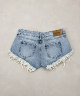 Short de denim celeste con efecto deslavado, tiro medio, bolsillos clásicos y flecos largos de hilo crudo en las piernas.