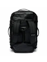 Bolso tipo duffel Columbia Landroamer de 40 litros, color negro, con múltiples asas, tirantes para usar como mochila y logo de la marca estampado en blanco en el frente.