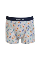 Boxer de algodón color gris melange con estampado de llamas en tonos naranja, azul y turquesa. Cuenta con cintura elástica ancha en color azul marino con el logo de la marca.