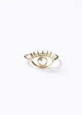 Anillo de plata 925 con baño de oro 18k, diseñado con la forma de un ojo turco con pestañas y una pequeña zirconia en el centro.