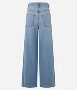 Pantalón de jean de corte wide leg, tiro alto, con bolsillos delanteros y traseros, trabillas para cinturón y cierre frontal con cremallera y botón.