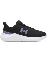 Championes de running Under Armour Phade RN 3 para mujer, con capellada de malla transpirable negra, entresuela blanca de amortiguación EVA, suela de goma y detalles en color lila en el logo lateral y el talón.