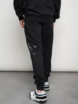 Pantalón de jogging azul marino de felpa con puños elásticos y logo de la marca estampado en la pierna izquierda.