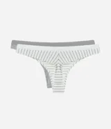 Kit de dos bombachas estilo bikini de hilo doble, confeccionadas en algodón. Incluye una prenda lisa en color gris melange y otra blanca con diseño de rayas horizontales grises, ambas con cintura elástica.