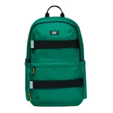 Mochila verde Caterpillar modelo Melbourne Backpack, con dos compartimentos grandes con cremallera, correas de hombro ajustables de Airmesh, compartimento para portátil, bolsillos laterales elásticos y correas frontales para skateboard.