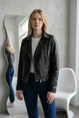 Campera estilo biker de ecocuero negro, con cierre frontal cruzado, solapas con broches y bolsillos laterales con cierre.