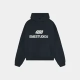 Hoodie oversize color negro de algodón, con capucha, bolsillo frontal tipo canguro y estampado frontal con el texto y logotipo de EM ESTUDIOS.