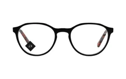 Armazón de lentes de acetato negro con forma redonda y patillas con estampado en tonos grises y rojizos.