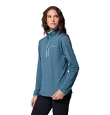 Buzo polar Columbia de mujer con cierre frontal parcial, cuello alto y bolsillo con cierre en el pecho. Presenta un diseño técnico con tecnología Omni-Wick para absorción de humedad y ribetes en contraste en cuello y puños.