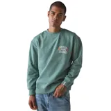 Buzo de cuello redondo color verde, confeccionado en felpa de algodón cepillado. Presenta un corte oversize y un estampado gráfico pequeño en el pecho con el texto 'Critical Slide Society' y detalles de flores naranjas.