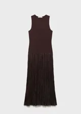 Vestido largo de diseño combinado, con cuerpo de algodón y modal sin mangas de cuello redondo y falda plisada de poliéster.