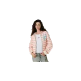 Campera con capucha de rayas horizontales blancas y rosadas, con cierre frontal completo y bolsillos estilo canguro. Cuenta con un estampado circular en azul en el pecho.