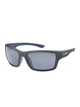 Lentes de sol deportivos Caterpillar con armazón gris y detalles en azul, lentes polarizados y diseño envolvente.