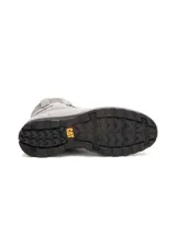 Bota Caterpillar modelo Charli Wp, color gris, confeccionada en cuero con cuello tejido y pasadores metálicos para los cordones.