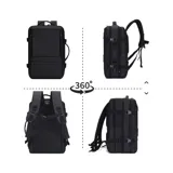 Mochila de viaje expandible color negro, impermeable, con puerto USB integrado, compartimento para laptop, correas ajustables y diseño ergonómico.